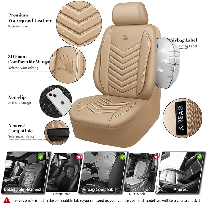 CAR PASS 3D Foam Faux Leather Car Seat Covers Full Set,Waterproof Tan Leather Seat Cover for Cars,Luxury Universal Fit Anti-S