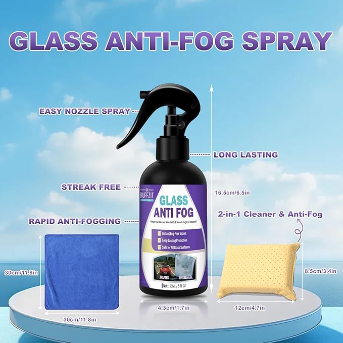Glass Anti Fog Spray for Car Windshield, Interior Glass, Mirrors & Windows – Long-Lasting Defogger Prevents Fogging for Clear