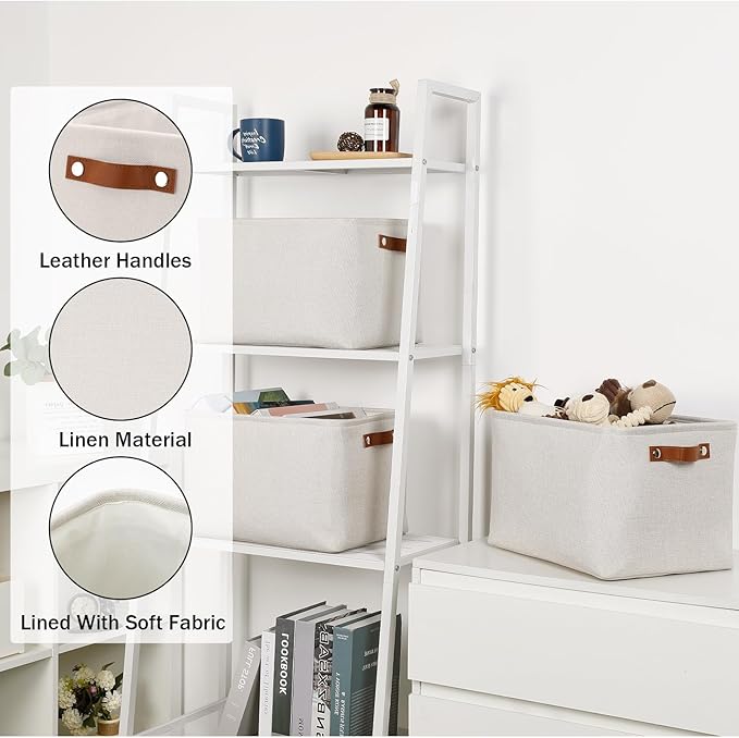 HNZIGE Large Fabric Storage Basket Organizers (3 PCS), Foldable Decorative Shelf Baskets with Leather Handles (Cream, 15" x 1