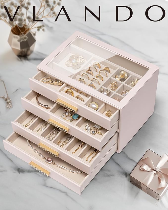Vlando 4 Layer Jewelry Box for Women, Glass Lid Jewelry Organizer with 4 Drawers for Necklaces Rings Earrings Bracelets - Lig