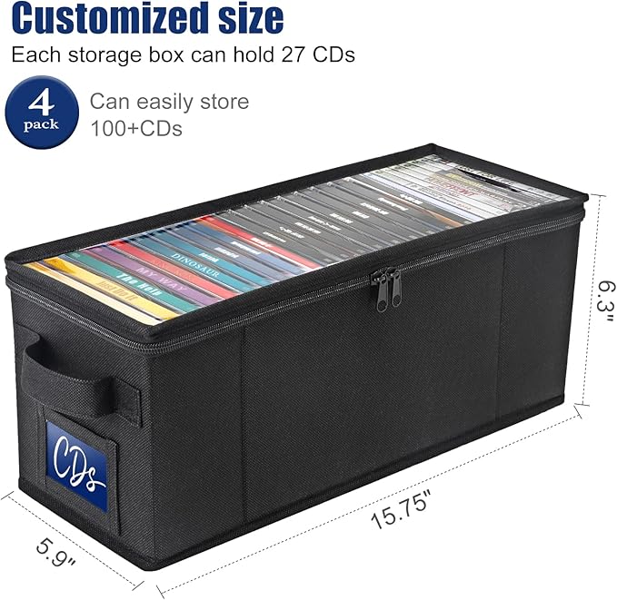 CCidea CD Storage Box with Clear Window - 4 Pack Media Organizer, Innovative Folding Design for CD Discs, CD Holder with Reinforced Handle & Label Slot, Holds 29 CDs Each, Fits Car & Home Use (4)