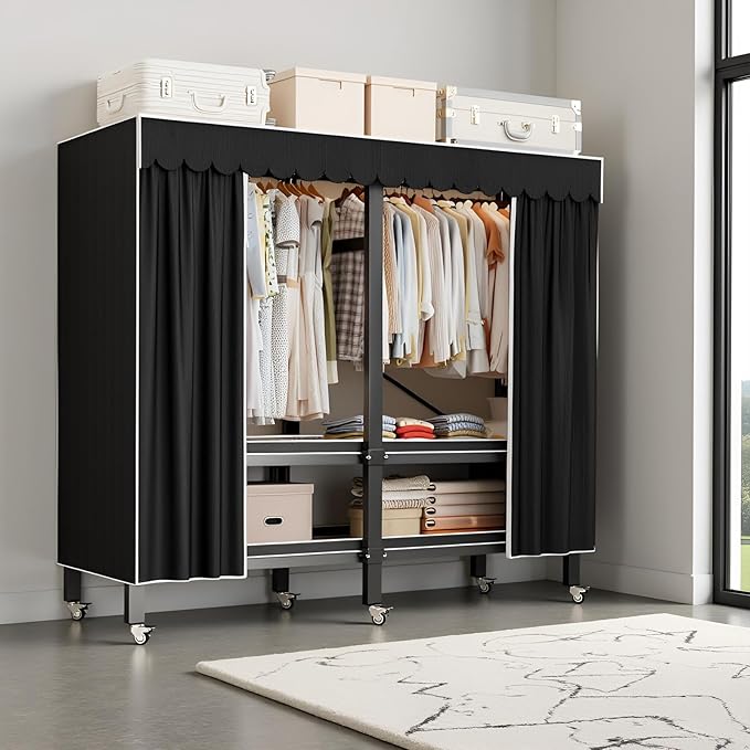 Heavy Duty Portable Wardrobe, Metal Foldable Covered Clothes Rack, 1500LBS, Freestanding Closet System Rolling Garment Rack, 