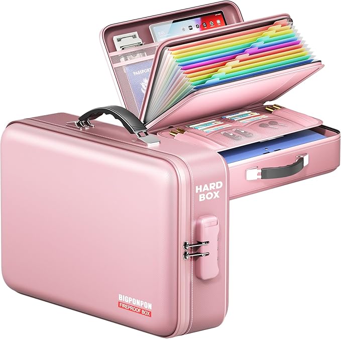 Fireproof Document Box, Hard Case Highly Flame-Resistant Fire Proof Waterproof File Organizer with Lock, Portable Fire Safe f