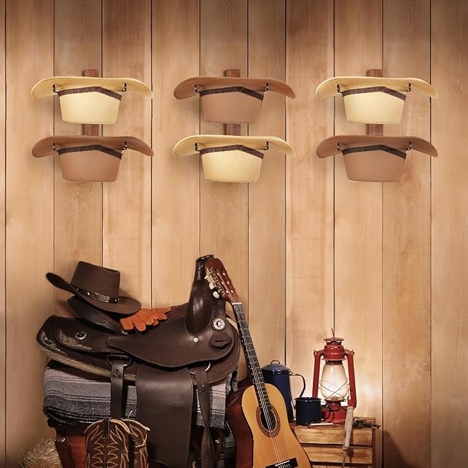 Cowboy Hat Rack, 6 Pieces Hat Rack for Cowboy Hats with Wooden Board, Metal Cowboy Hat Holder Wall Storage Hat Holder-Organiz