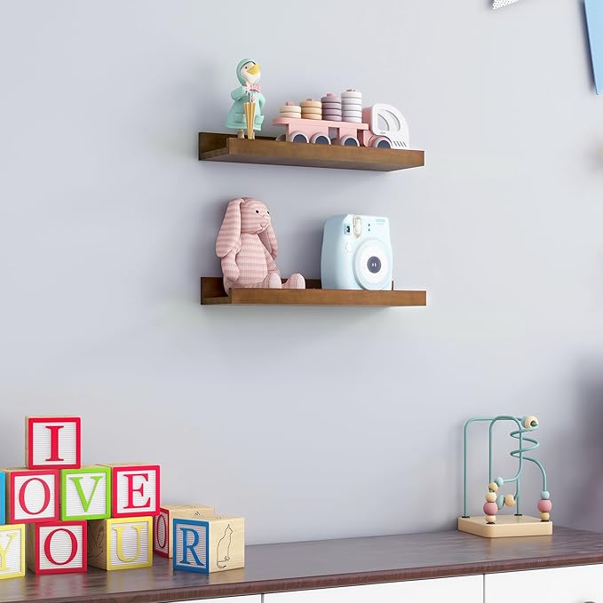 16 Inches Floating Shelves for Wall, Solid Pine Wood Picture Ledge Shelves, Walnut Wall Shelves with Lips, Nursery Book Shelv