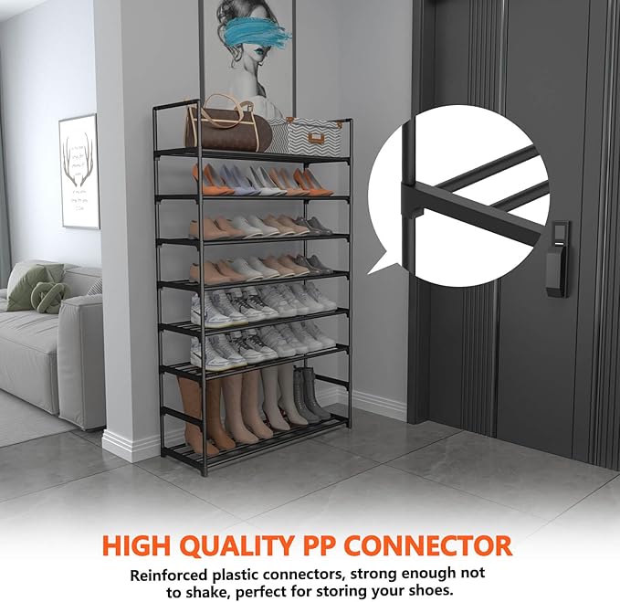 Hsscblet 8 Tiers Metal Shoe Rack,Adjustable Shoe Shelf Storage Organizer with Hooks,Stackable Boot & Shoe Storage,for Entrywa