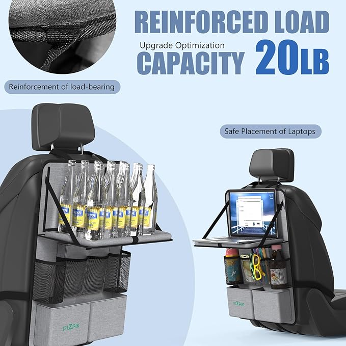 Car Backseat Organizer with Tablet Holder,11 Storage Pockets with Foldable Food Tray, Protector Kick Mats for Kids, Travel Accessories Organizer (Gray, 2Pack with Food Tray)