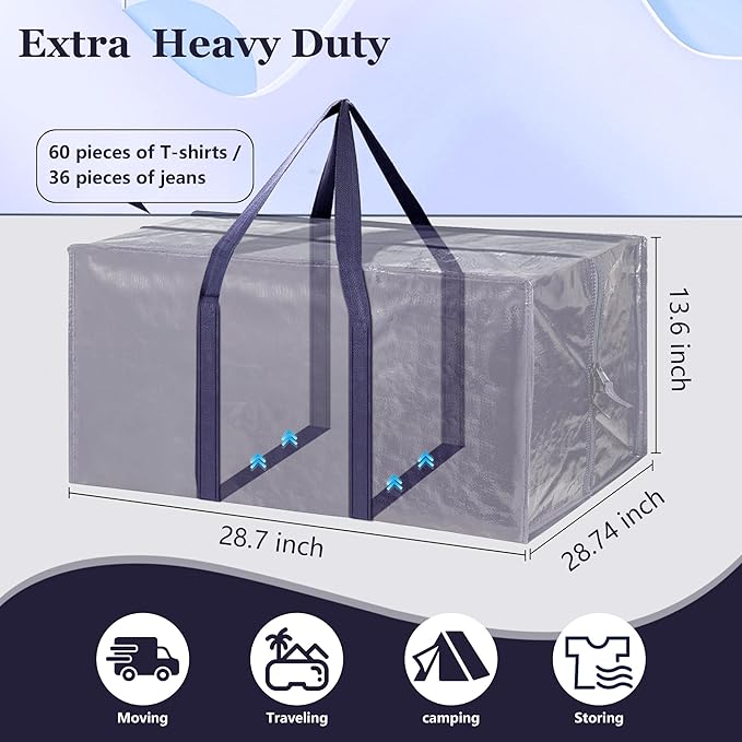 12 Pack Moving Bags with Full-Open Side Zipper, Extra Large 93L Heavy Duty Waterproof Foldable Storage Totes for College