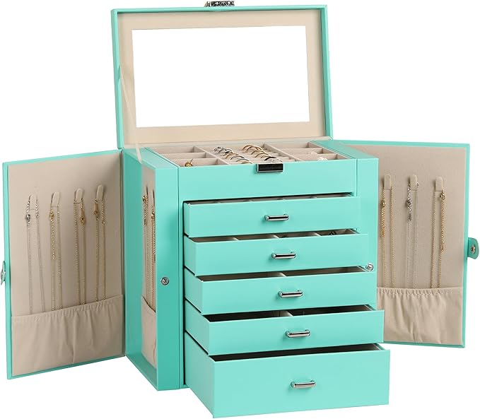Frebeauty Large Jewelry Box,6-Tier PU Leather Jewelry Organizer,Multi-functional Storage Case with Mirror,Accessories Holder 