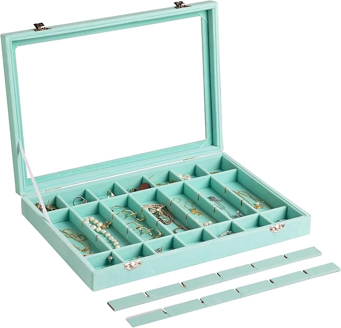 Frebeauty Velvet Jewelry Tray,35 Grid Jewelry Organizer with Clear Lid,Earring Holder Organizer Case with Clasp,Drawer Insert