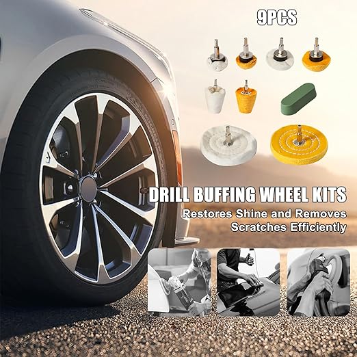 Drill Buffing Wheel Kits 9pcs, Polishing Wheel with Green Compound, High Density Polisher Buffing Wheels for Metal, Jewelry, Car, Aluminum, DIY Buffing & Finishing