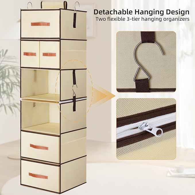Hanging Closet Organizer 6-Shelf, Upgrade Hanging Shelves for Closet with 5 Removable Drawers & Side Pockets, Hanging Shelf O