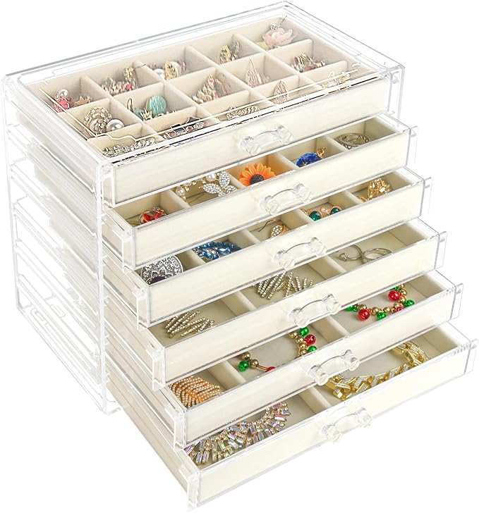 Watpot Acrylic Jewelry Box with 6 Drawers, Clear Earring Storage Organizer Display Case for Women Girls, Beige