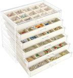 Watpot Acrylic Jewelry Box with 6 Drawers, Clear Earring Storage Organizer Display Case for Women Girls, Beige