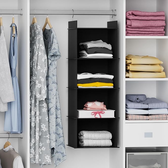 YOUDENOVA Hanging Closet Organizer, 4-Shelf Closet Hanging Shelves, Black