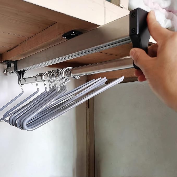 Pull Out Clothes Hanger Rail Rack - With 2 Sliding Rails Adjustable Extendable Clothes Rail, Extendable Pull Out Closet Rod, 