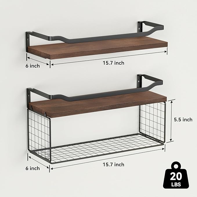 WOPITUES Floating Shelves with Wire Storage Basket, Bathroom Shelves Over Toilet with Protective Metal Guardrail, Wood Wall S