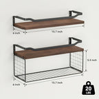 WOPITUES Floating Shelves with Wire Storage Basket, Bathroom Shelves Over Toilet with Protective Metal Guardrail, Wood Wall S