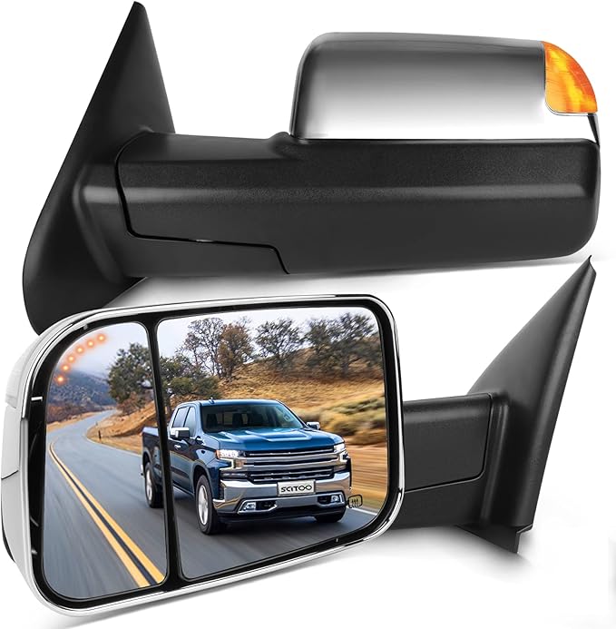 SCITOO Towing Mirrors Power Adjusted Heated LED Turn Signal Light Chrome Tow Mirrors Replacement Fit for 2002-2008 For Dodge For Ram 1500 2003-2008 For Dodge For Ram 2500 3500 Pair Truck