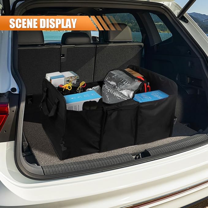Car Trunk Organizer, Oxford Fabric Waterproof & Anti-Slip Vehicle Storage Box with Leak Proof & Insulated Cooler Bag, Large Cap