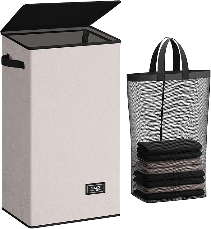 SOLEDI Laundry Hamper with Lid 100L Large & Tall Collapsible Laundry Basket, Clothes Hamper with Bag Removable Easy to Carry,