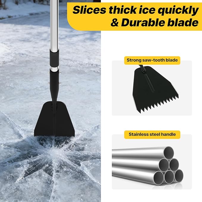 Ice Scraper for Driveway, Saw-Tooth Ice Chopper for Driveway, Heavy Duty Jagged Scraper with 61 Inch Long Handle, All Steel Thick Blade Snow Breaking Ice Remover Tool for Sidewalk, Walkway, Roads