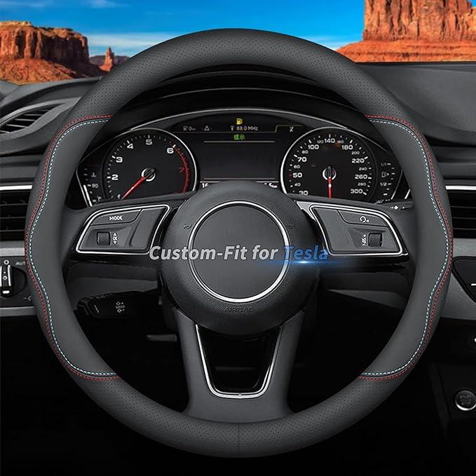 Custom-Fit for Tesla Steering Wheel Cover, Premium Leather Car Steering Wheel Cover with Logo, Non-Slip, Breathable, for Tesla Accessories (A-Style,for Tesla)