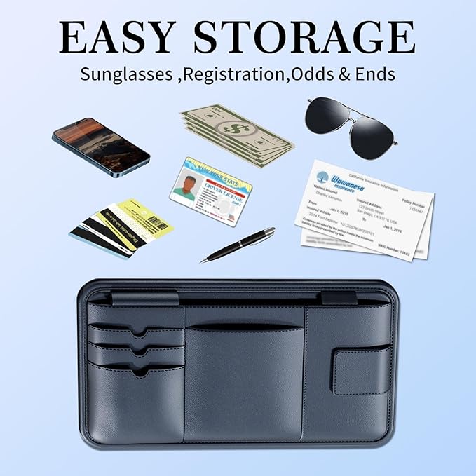 Car Visor Organizer, Premium Leather Sunglasses & Card Holder for Cars, Registration/Insurance Slot, Credit Card Pockets, Automotive Interior Organizer for Car Sun Visor (Black Leather)