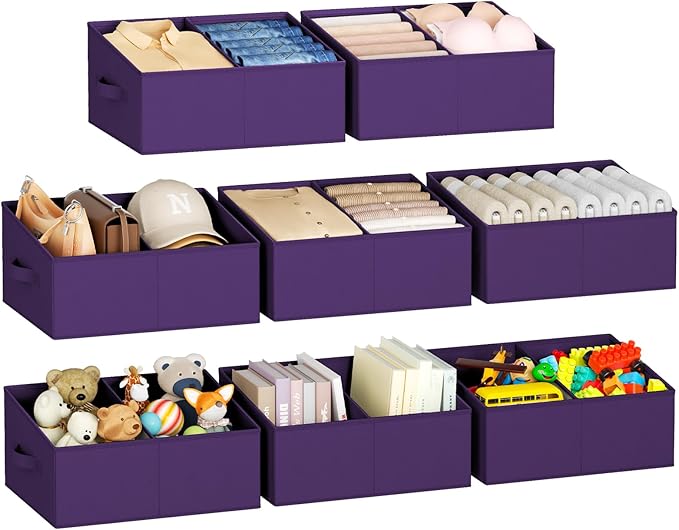 DIMJ Large Closet Shelf Organizer Bins 8 Packs with Handles and Divider, Fabric Trapezoid Storage Baskets, Foldable Clothes C