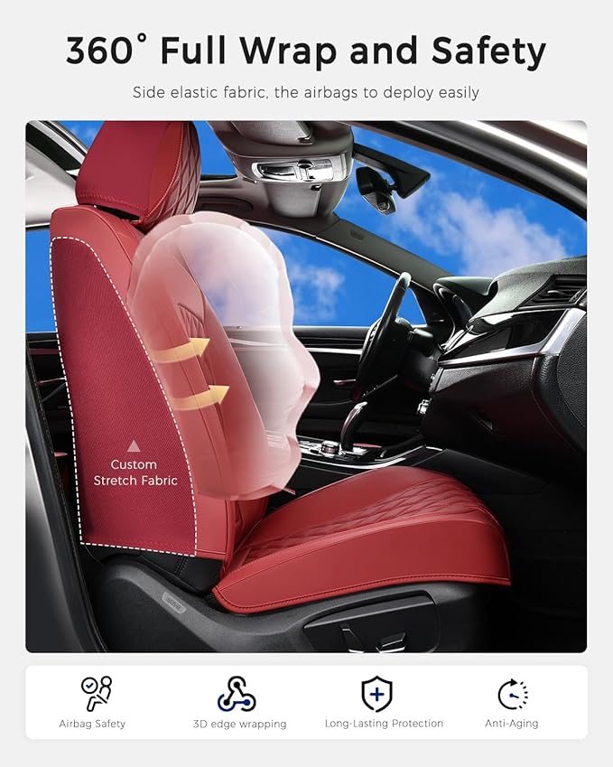 Huidasource Red Seat Covers, Nappa Leather Car Seat Covers, Automotive Seat Covers Velcro Adjustable, Compatible with Airbags