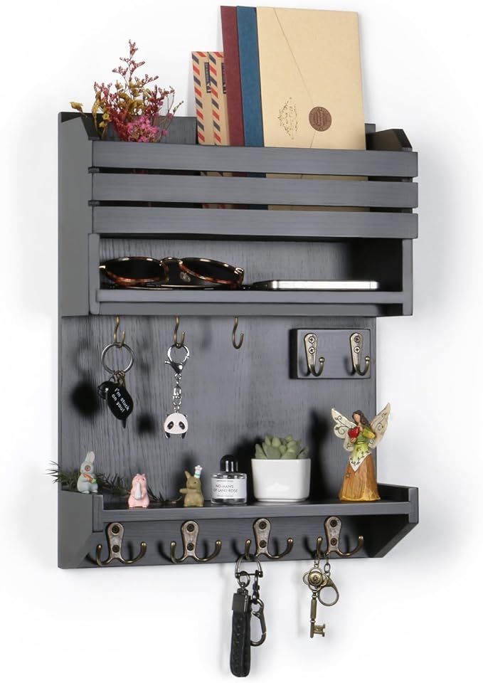 Key Holder, Wall Mounted Mail Organizer, Keys Holder on Wall with 9 Key Hooks, Black