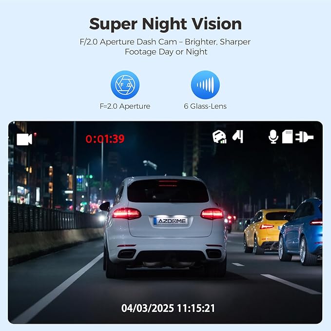 AZDOME M01 Dual Dash Cam Front and Rear with Free 64GB Card, 3" Screen Dual Dashboard Camera for Car, Built-in ADAS G-Sensor,