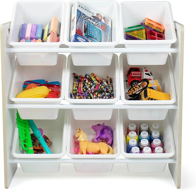 Humble Crew 9-Bin Toy Organizer – Hampton Sandwashed with White Plastic Bins, 3-Tier Storage Solution for Kids' Playrooms and