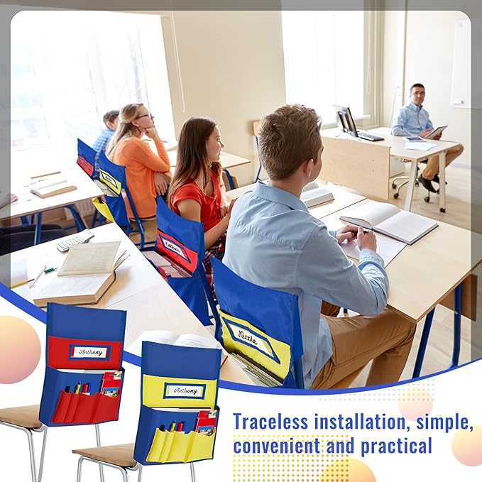 Lewtemi 2 Pcs Desk Chair Seat Back Organizer with 5 Pockets Chair Pockets for Classrooms School Seat Chair Storage Pocket Chart with Name Label Slot for Home Office, 18 x 19 Inch(Red, Yellow)