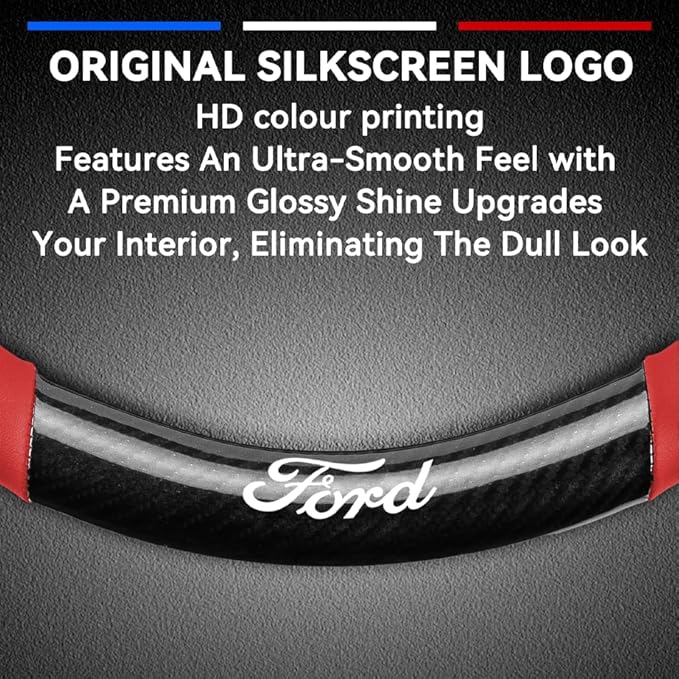 Customized Steering Wheel Cover Compatible with Ford, Premium Nappa Leather&Bright Carbon Fiber Texture Steering Wheel Cover, with Coasters and 3-in-1 USB Fast Charging Cable (Red)