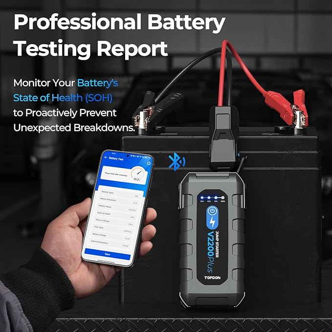 Car Battery Jump Starter and Battery Tester TOPDON 2-in-1 2200A Peak Jump Starter for Up to 8L Gas/6L Diesel Engines 12V