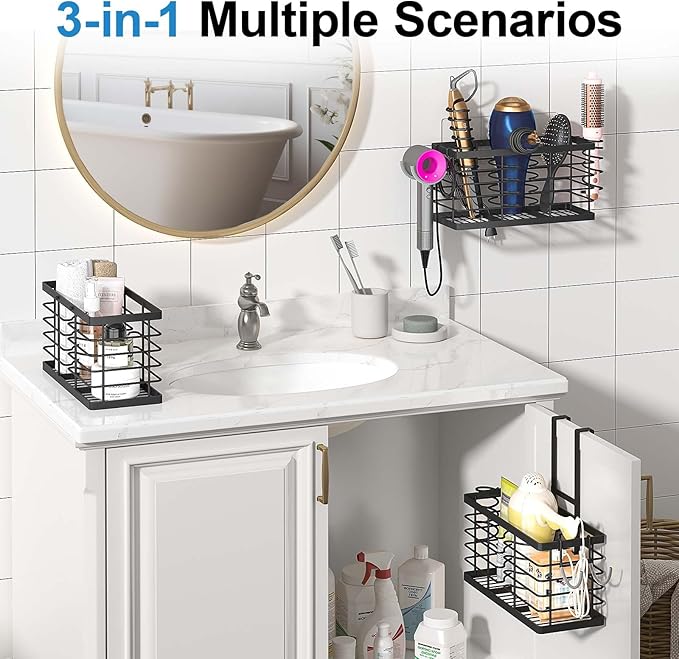 Sevenblue Hair Tool Organizer, 3-in-1 Universal Hair Dryer Holder, Adjustable Height Metal Blow Dryer Holder Wall Mounted/Ove