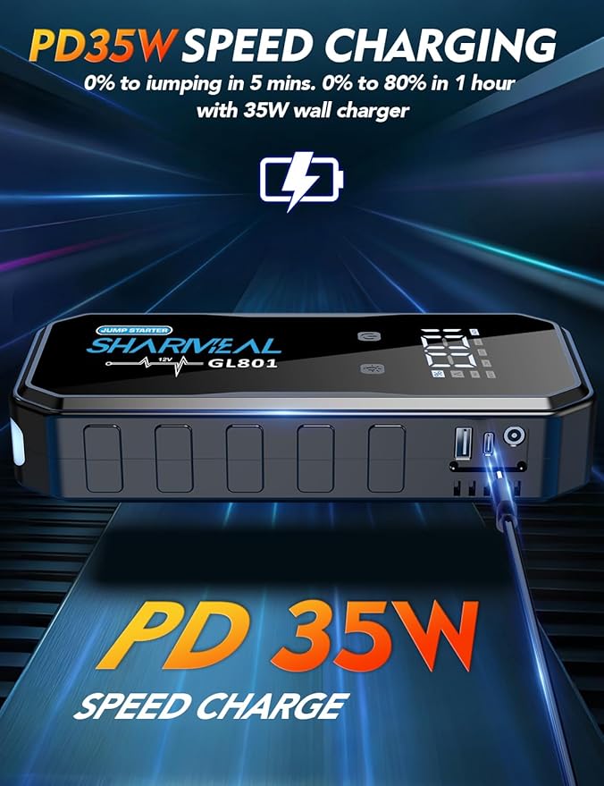 Sharmeal 21-in-1 8000A Jump Starter, 20000mAh Car Booster Pack with PD 35W Super Fast Charging, 12V Jump Starter Battery