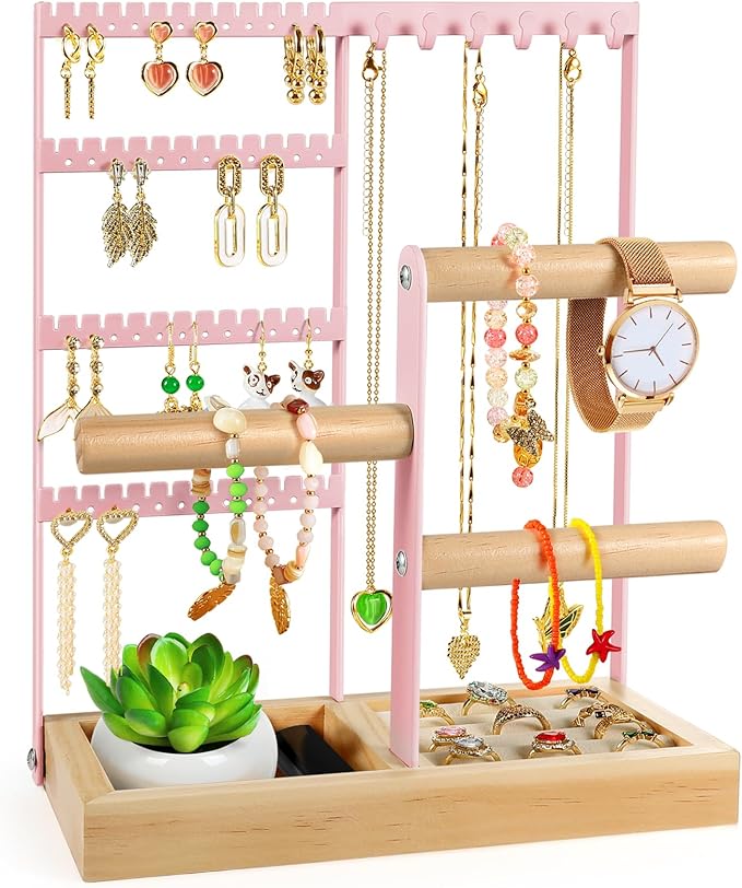 Godboat Jewelry Organizer - Earring Holder with 48 Holes, 6 Hooks Necklace Organizer, Bracelet and Ring Stand with Jewelry Bo