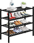 4 Tier Bamboo Shoe Rack Storage Organizer for Closet, Multifunctional Stackable Free Standing Shoe Shelf Organizer for Small 