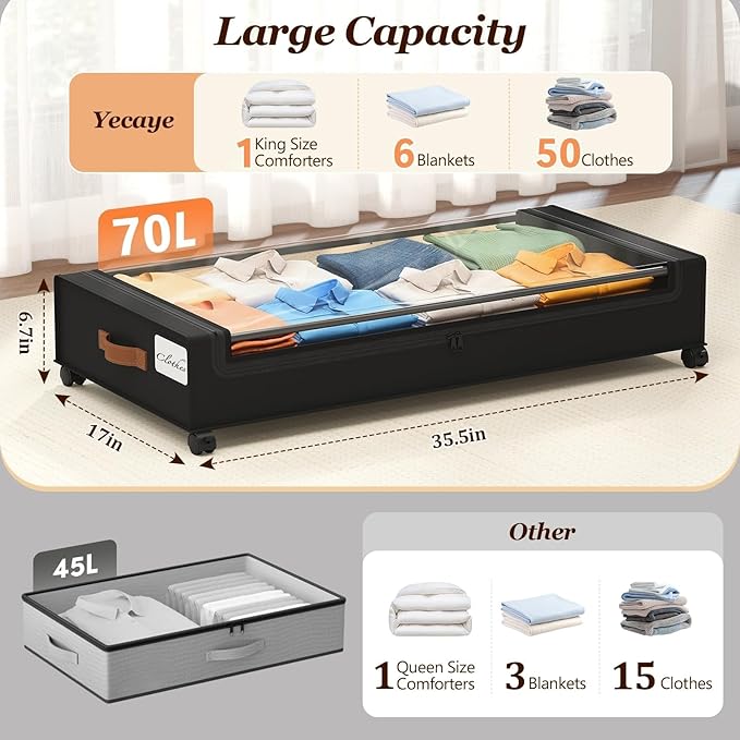 Yecaye 70L Under Bed Storage with Wheels, 3 Pack Larger Capacity Under Bed Storage Containers, Underbed Shoe Storage Organize