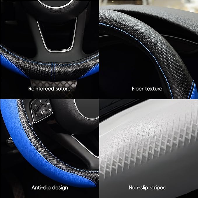 LABBYWAY Microfiber Leather Auto Car Steering Wheel Cover, Universal Fit 15 Inch Anti-Slip Wheel Protector, Blue