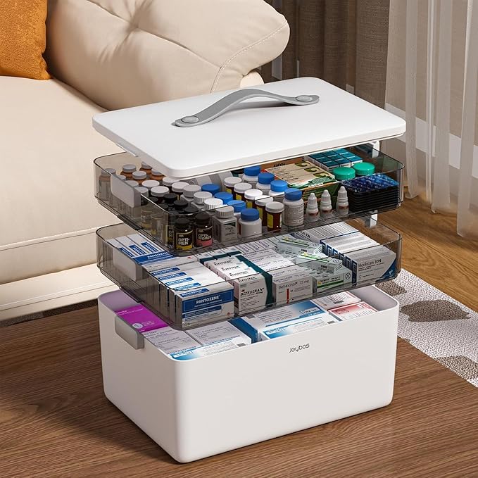 JOYBOS 3-Tier Medicine Storage Box Cabinet, Empty First Aid Kit Portable Medical Supply Organizer with Leather Handle for Hom