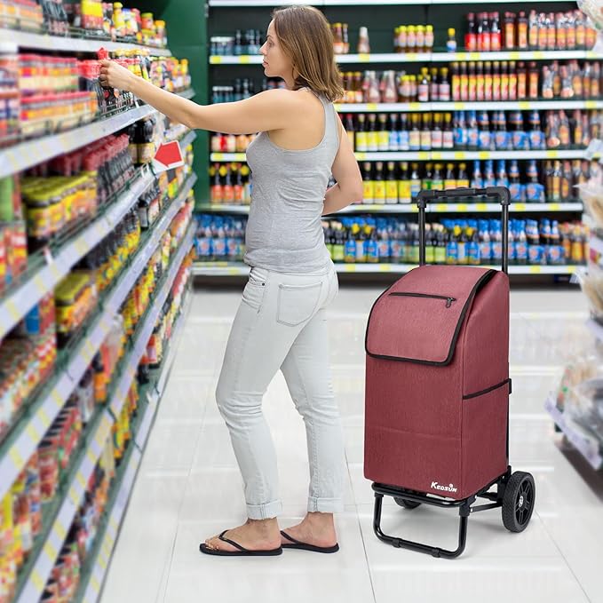 KEDSUM 2 in 1 Shopping Carts for Groceries, 330 lbs Grocery Cart on Wheels, Foldable Utility Carts with Wheels, Load-Bearing Hand Truck with Waterproof Bag for Shopping, Camping, Laundry, Garden, Red