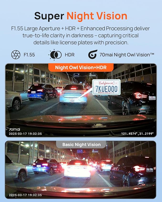 70mai Dash Cam Front and Rear - 2.5K+1080P Dual Dash Camera with HDR, Super Night Vision, F1.55 Aperture, 24H Parking Mode, B