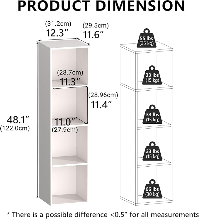 4 Cube Storage Organizer, Cube Shelf, Freestanding 4 Tier Open Shelf Bookcase for Home Office, Bedroom, Living Room, Study, W