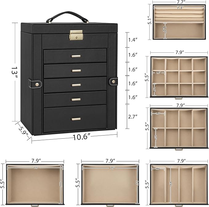 AKOZLIN Large 6-Tier Jewelry Box Lockable Leather Jewelry Storage Case with 5 Drawers for Women Girls Ring Necklace Earring B