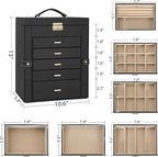 AKOZLIN Large 6-Tier Jewelry Box Lockable Leather Jewelry Storage Case with 5 Drawers for Women Girls Ring Necklace Earring B