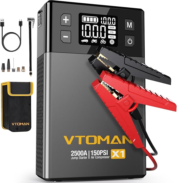VTOMAN X1 Jump Starter with Air Compressor, Car Battery Jumper Starter (2500A, Up to 8.5L Gas/6L Diesel Engine) with 150PSI