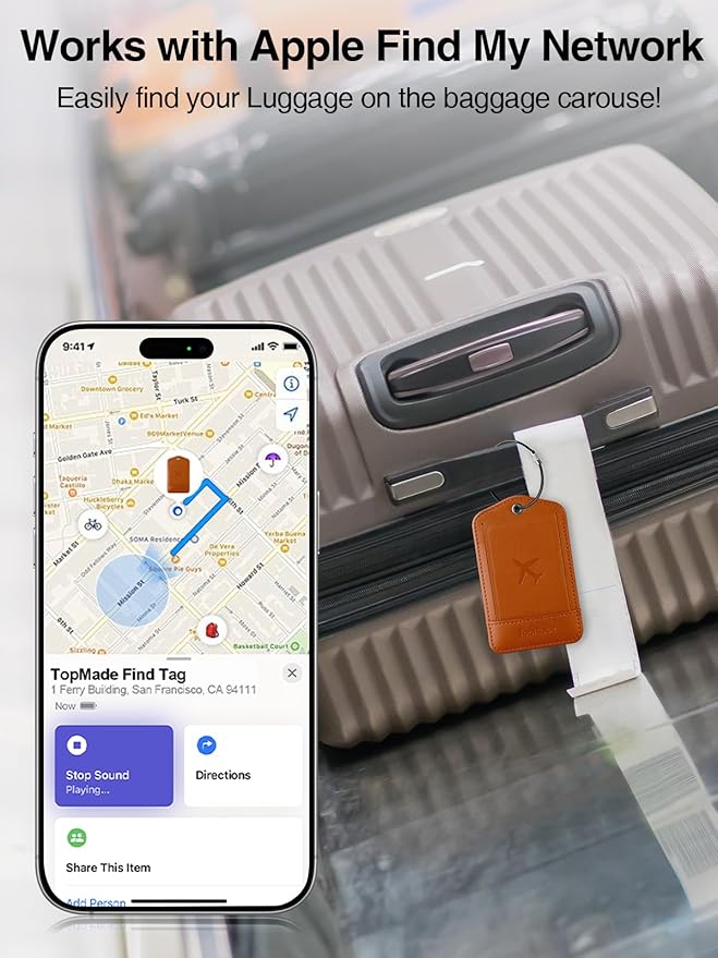 TopMade Smart Luggage Tag with Find My, Premium Leather Luggage Tags for Suitcase, Travel Bags, Backpacks, Anti-Lost Suitcase